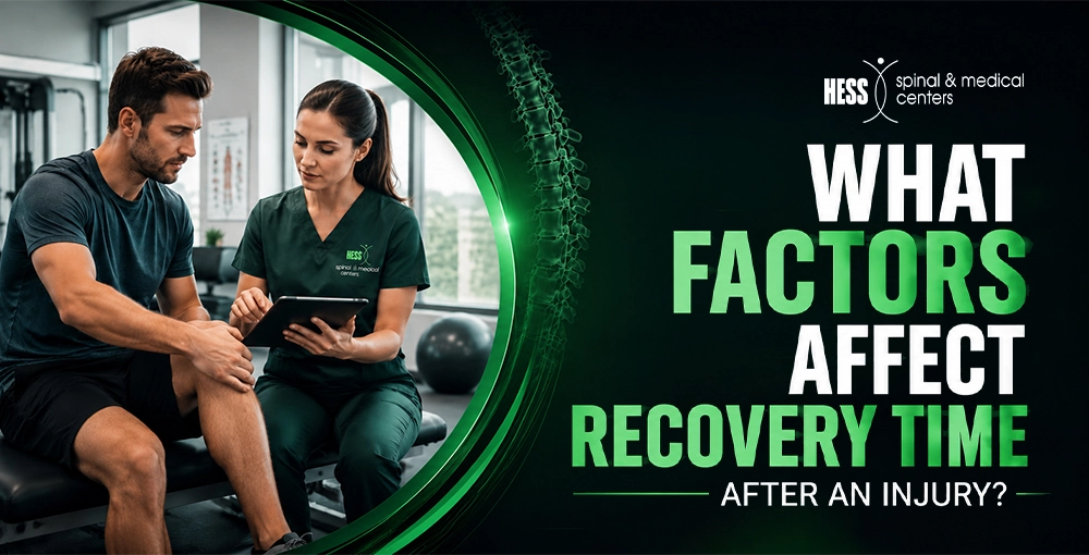 Physical therapist consulting with an injury patient about recovery progress, rehabilitation plan, and factors affecting healing time after a musculoskeletal injury.