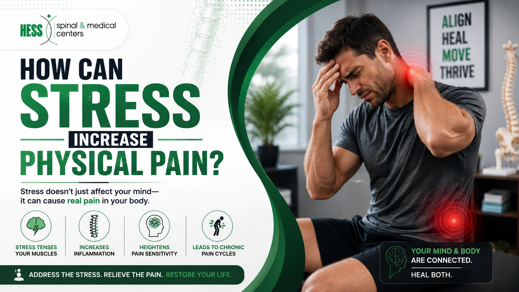 Man sitting holding his head and neck showing red pain highlight points from physical stress effects