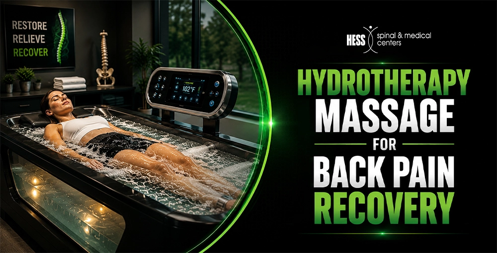 Patient receiving hydrotherapy massage treatment in a therapeutic water massage tub for back pain relief and muscle recovery.