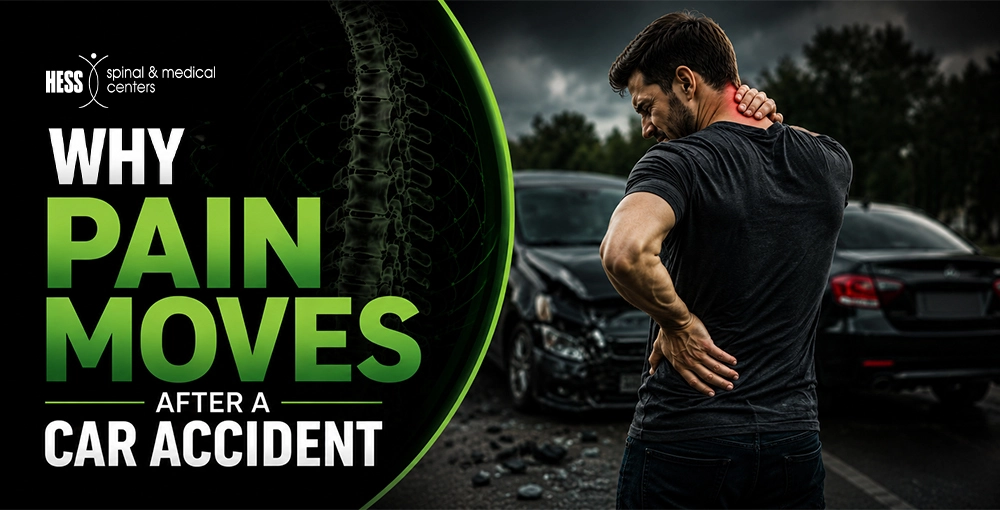 Man experiencing neck and lower back pain after a car accident, illustrating how injury-related pain can move to different parts of the body.