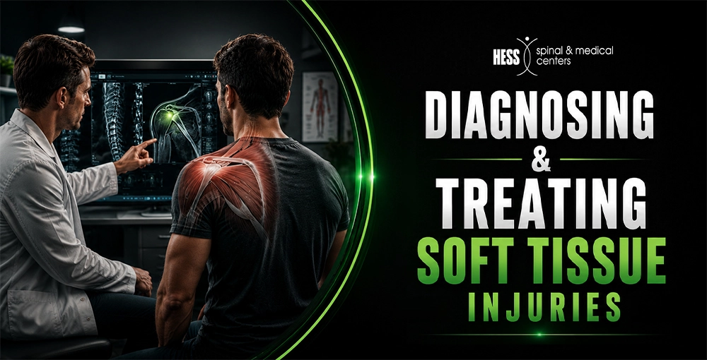 Doctor reviewing shoulder imaging with a patient to diagnose and treat soft tissue injuries after a car crash.
